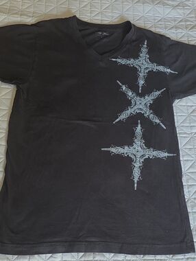 POP ICON CLOTHING Black V-Neck Tee with Gray Cross Graphics